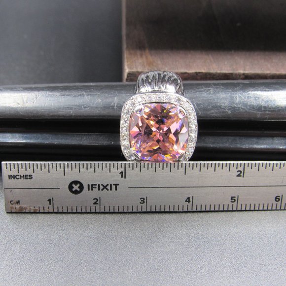 Size 8 Silver Tone Large Square Pink CZ Band Ring - Picture 5 of 6